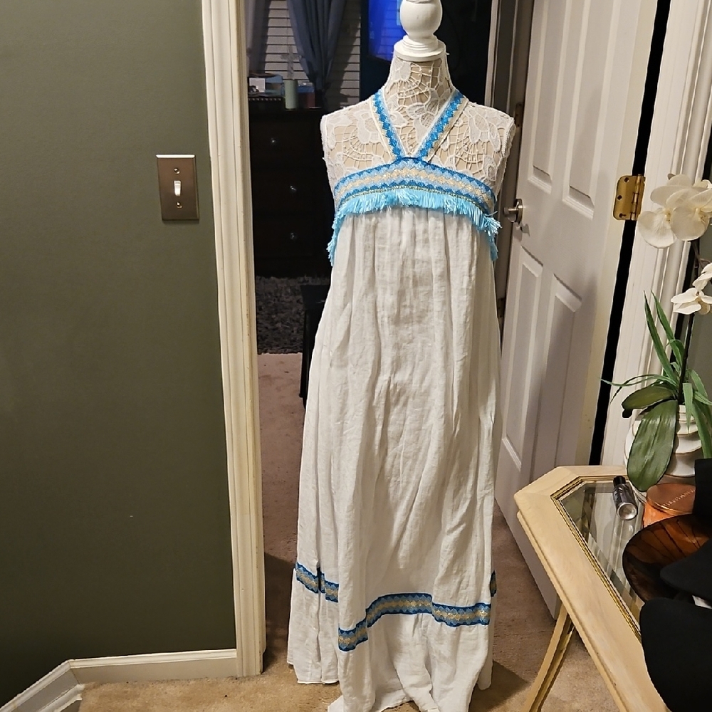 Pho Firenze White Maxi Dress with Blue Accents